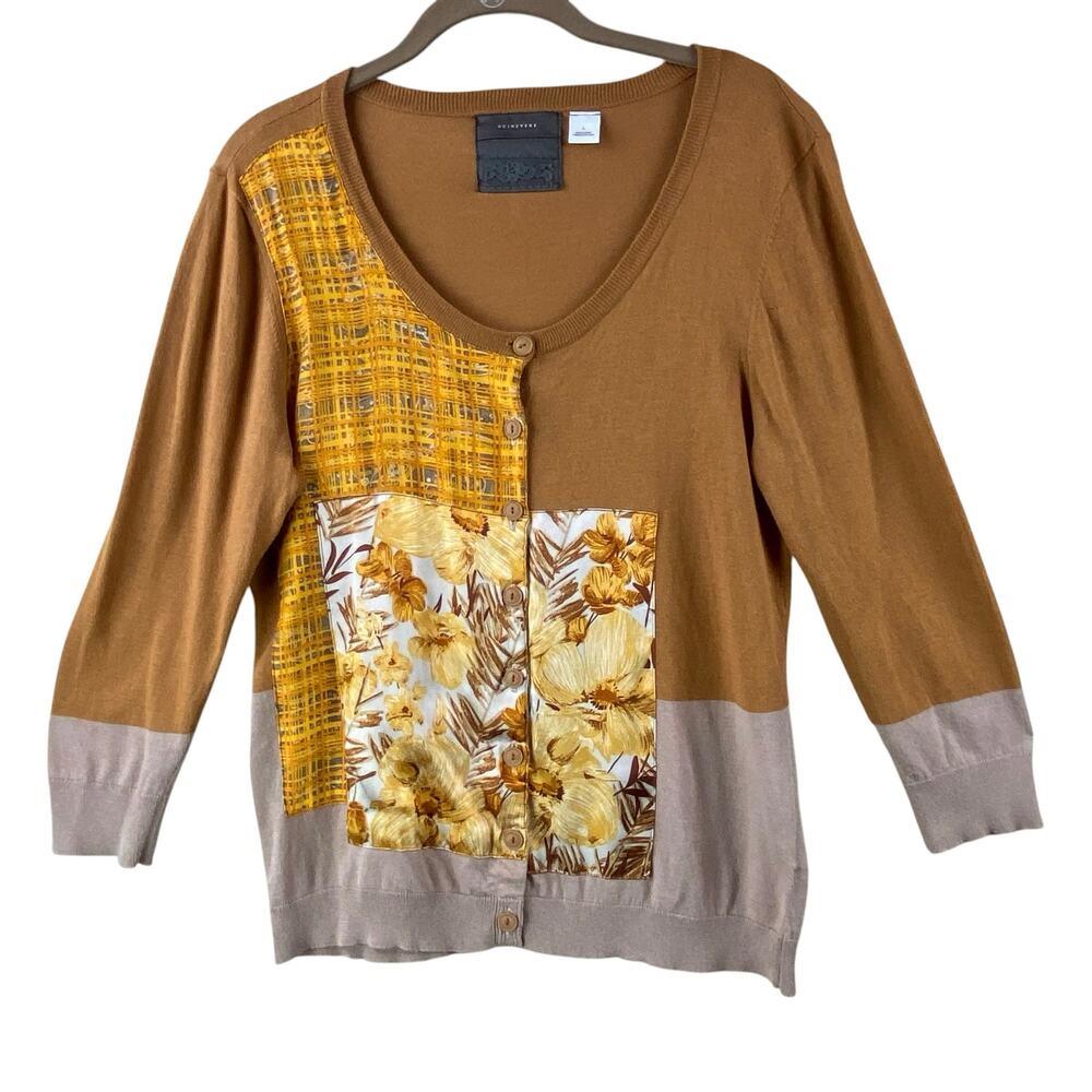 Guinevere Anthropologie Charmeuse Patchwork Cardigan Sweater Size L Brown
